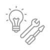 Symbol HLK Steuerungsbau, dargestellt mit Glühbirne, Schraubendreher und Schraubenschlüssel