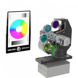 Optisches Prüfsystem mit Filterrad und Kamera zur Farbmessung und automatischen optischen Inspektion im industriellen Bereich von PANOVO tec beim Test eines Displays