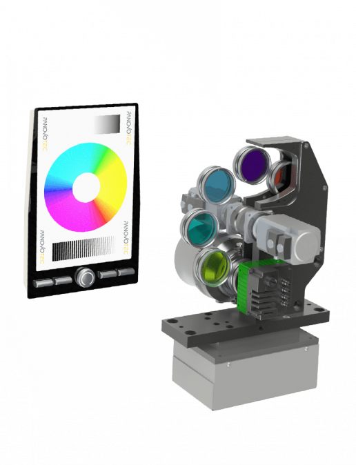 Optisches Prüfsystem mit Filterrad und Kamera zur Farbmessung und automatischen optischen Inspektion im industriellen Bereich von PANOVO tec beim Test eines Displays